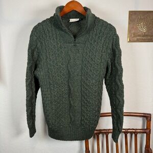SAOL Ireland Womens 100% Merino Wool Cable Knit‎ Quarter Zip Sweater Green S